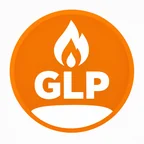 Logo naranja de GLP, gas licuado del petróleo, con una llama blanca