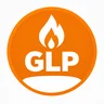 Logo naranja de GLP, gas licuado del petróleo, con una llama blanca